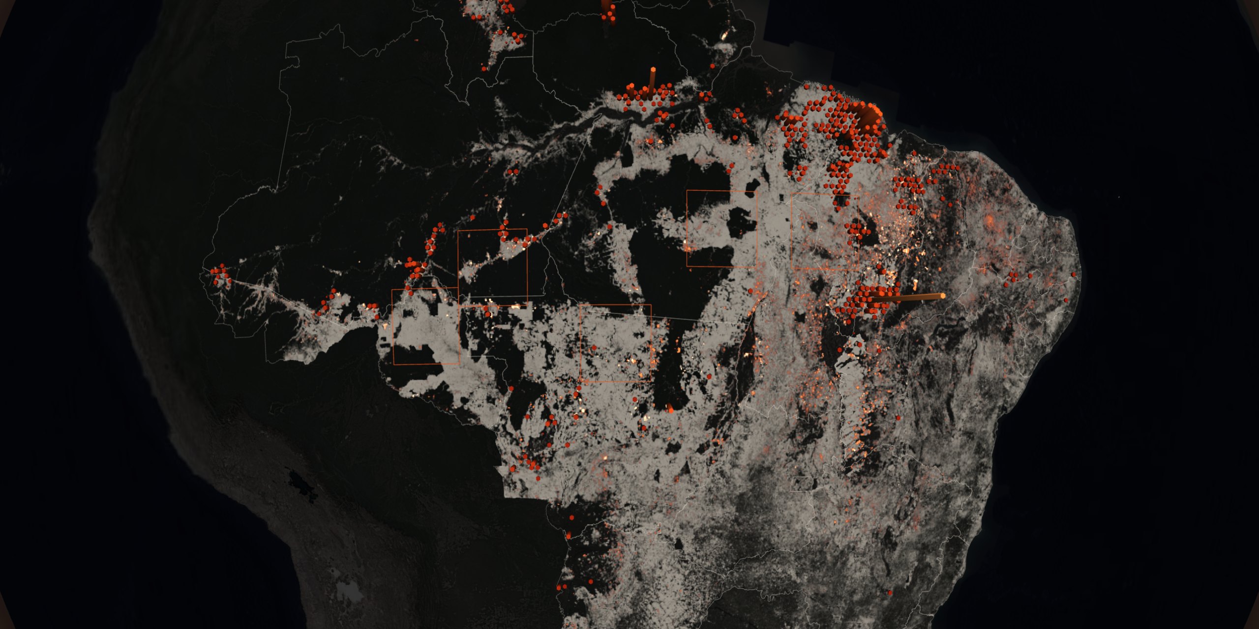 O Brasil no globo em 2025: em claro a vegetação nativa derrubada desde 1987, em brasa o fogo do ano, dado MapBiomas