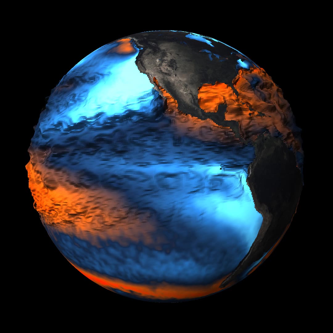 O globo visto sobre o Pacífico em setembro de 2023, o mar em azul-gelo e fogo pela anomalia de temperatura